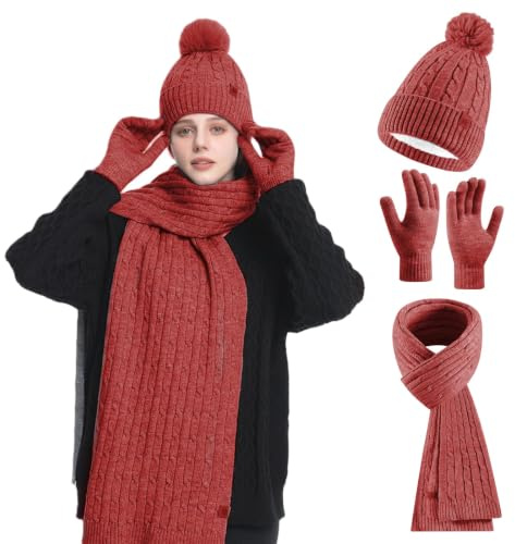 HOSPAOP Mütze, Schal & Handschuh-Sets für Damen 3 in 1 Set – Wintermütze Damen Beanie mit Bommel, Schal Winter, Touchscreen Handschuhe, Wärmeset für Outdoor & Alltag