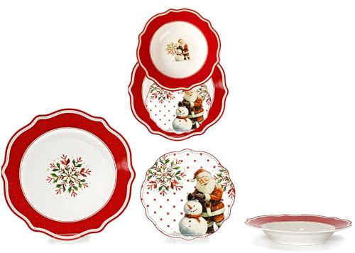 Servizio di Piatti natalizio per 6 Persone 18 pezzi in porcellana bordi smerlati decorazioni babbo natale pupazzo di neve rosso per una tavola particolare ed elegante idea regalo