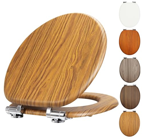 Fanmitrk WC-Sitz mit Absenkautomatik, MDF-Holzkern in Eiche-Optik, Verstellbare Scharniere, Befestigung von unten, Robust & Pflegeleicht, Oval 43,5 x 37,3 cm (Eiche Hell)