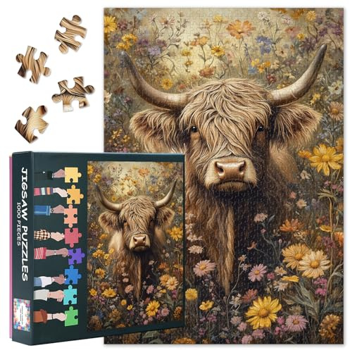 Kühe Puzzle 1000 Teile, Schottische Hochland Kühe Puzzle Erwachsene, Blumen Puzzle für Erwachsene, 70 x 50 cm Puzzle Impossible Geschicklichkeitsspiel für die Ganze Familie