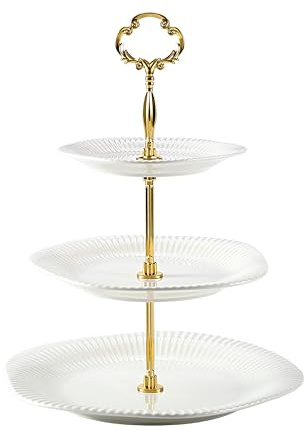 Keramwerk Etagere 3 Etagen, 3-stöckiger Keramik-Kuchenständer, gestufter Hochzeits-Dessert-Cupcake-Ständer für Teepartys, Essens-Servierer (Gold & weiß)