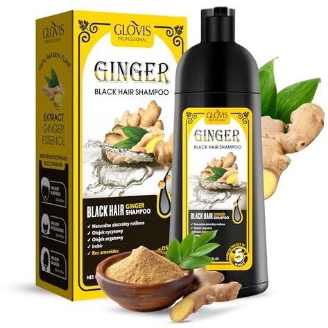 GLOVIS Black Hair Dye Shampoo Schwarzes Färbeshampoo mit Ingwer – Shampoo gegen graues Haar, 3-in-1 Shampoo & Pflege, für Männer & Frauen Haare, Hair Color Shampoo – 500 ml