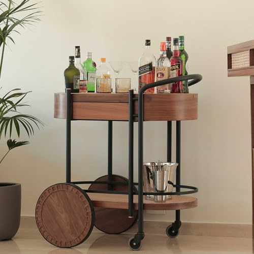 KIBONCY Carrito de Bar de Nogal de Mediados de Siglo con Estante Inferior de cajón, Carrito de Servicio rodante for Bar en casa, Sala de Estar y Cocina