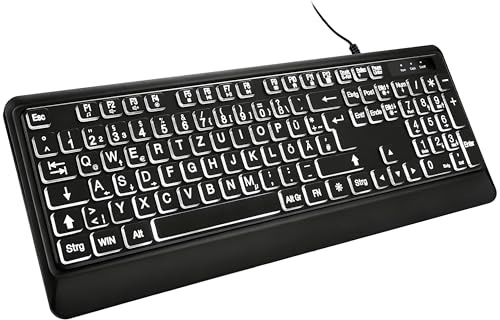 DHKBL Großschrift Computertastatur mit sanfter weißer Hintergrundbeleuchtung – Kabelgebundene DE-Vollformat-Tastatur mit Ziffernblock, verstellbaren Füßen, für Büro, Homeoffice & Windows PC (QWERTZ)