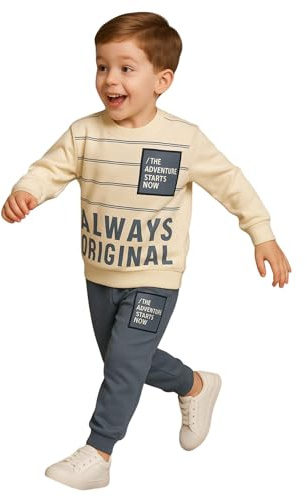 milano kids Survêtement Garçon 2–6 Ans Always Ensemble 2 Pièces Coton Molleton Sweat-shirt Col Rond Manches Longues et Pantalon Jogging Tenue Confortable Bleu Fumé Brun