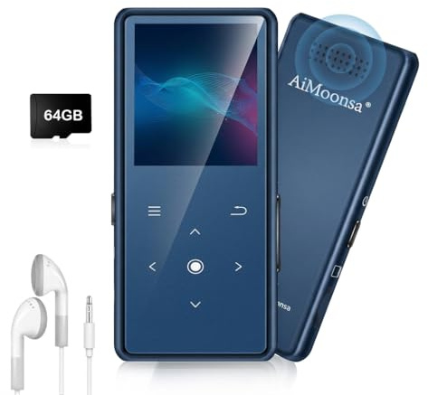 64GB MP3 Player with Bluetooth 5.2, AiMoonsa Music Player with Built-in HD Speaker, FM Radio, Voice Recorder, HiFi Sound, E-Book Function, Earphones Included，Blue