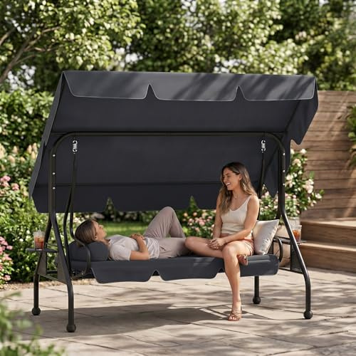 QEENTOE 3-Sitzer Hollywoodschaukel 2in1 Sitz- und Liegefunktion, Garten-Schaukel mit Verstellbarer Liegeposition, Sonnendach & gepolsterter Sitzauflage Stahlrahmen bis 350 kg Belastbarkeit, Anthrazit