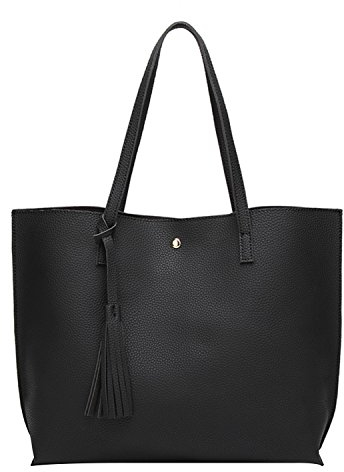 PB-SOAR Damen Mädchen Fashion Shopper Schultertasche Schulterbeutel Henkeltasche Handtasche Einkaufstasche aus Kunstleder 36x30x11cm (B x H x T) (Schwarz)