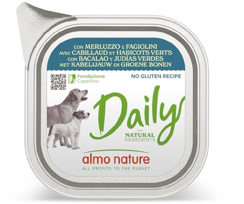 Almo Nature Daily Nassfutter für Erwachsene Hunde mit Kabeljau und e Gartenbohnen - Aluschale 100 g.