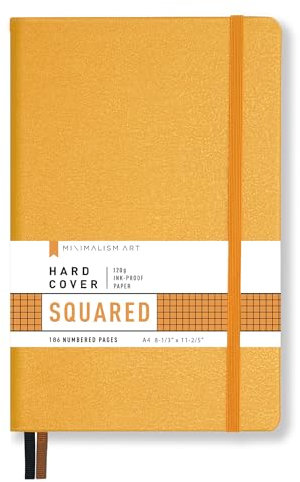 Minimalism Art Notebook Journal Classic, formato A4 8.3 x 11.4 pollici, Giallo, Squared griglia della pagina, 192 pagine, copertura dura, pelle pregiata PU, tasca interna, Qualità carta-100gsm