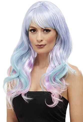 Smiffys Fashion pastellfarbene Einhornperücke, Mehrfarbig, Gewellt, lang, Hitzebeständig / Stylebar Halloween