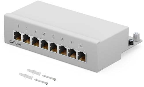 HB-DIGITAL 8-port CAT 6a LSA Patchpanel geschirmt Verteilerfeld Desktop & Wandmontage Patchfeld 8x RJ45 Buchsen für Netzwerk Ethernet LAN Kabel mit Erdungskabel - Hellgrau
