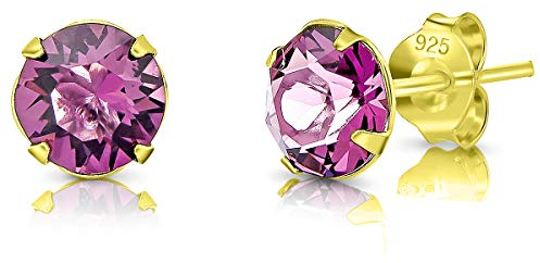 DTPSilver - Damen Ohrringe 925 Sterling Silber Gelb Vergoldet mit Kristallen von Swarovski® Elements 6 mm Runde Ohrstecker - Farbe : Amethyst