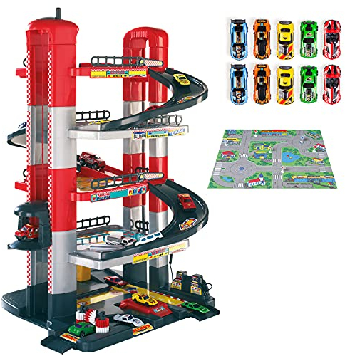 MOLTO | 5 Stockwerke Parkhaus mit Garage, Rampen, Waschraum, Aufzug, Tankstelle und gesalbter Bereich | Enthält 10 Spielzeug- und Wandteppichautos | Kinderspielzeug | + 3 Jahre