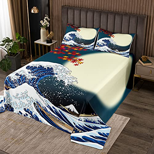 Japanisches Hokusai-Muster Steppdecke 220x240cm Exotischer Bettüberwurf im japanischen Stil Blaues Wellenmuster Tagesdecke für Kinder Frauen Fuji Mountain Gedruckt