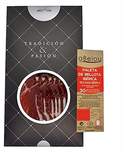 Iberian Ham (Shoulder) Acorn-Fed Sliced 100 g (1 sobre) — Cured +30 Months — Hycer Certified — Pata Negra — Jamón Ibérico de Bellota — Guijuelo Spain — aBeiou