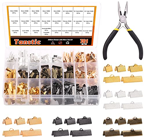 Tanstic 701Pcs Ribbon Ends with Pliers Set 5 Size 5 Color Ribbon Clamps Bookmark Pinch Crimp Cord Ends Fasteners Clasp Leather Crimp Ends Leather Ribbon Crimp Ends for Jewelry Making