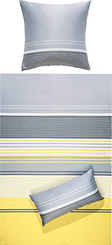 Erwin Müller Bettwäsche, Bettgarnitur, Bettbezug, Kissenbezug Mako-Satin Streifen gelb-grau Größe 40x80 cm / 200x200 cm - streichelzart, temperaturausgleichend, mit Reißverschluss