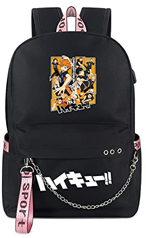 Roffatide Anime Haikyuu Laptop-Rucksack Fit 15 Zoll Schwarze Büchertasche Schulranzen Tagesrucksack mit USB-Ladeanschluss Kopfhöreranschluss