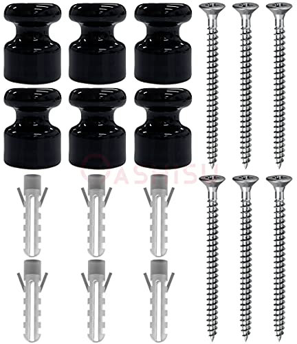 OASHISU 6 Stück Vintage Isolatoren aus Porzellan für Textilkabel Porzellanisolatoren Aufputz Kabelhalter Kabelführung Wandpins Wand und Deckenpins schwarz Ø18mm Keramik-Isolatoren, Isolatoren Keramik