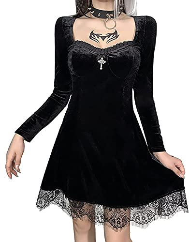 Autumn Black Velvet Dress Women High Waist Long Sleeve Gothic Punk Lolita Mini Party Dresses