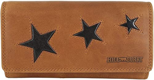 Hill Burry Geldbörse Portemonnaie, Portmonee aus Leder Frauen Damen Langbörse mit RFID Schutz Geldbeutel Geldtasche Frauen Design (DREI Sterne Star 2021 Jahr Kollektion, braun)