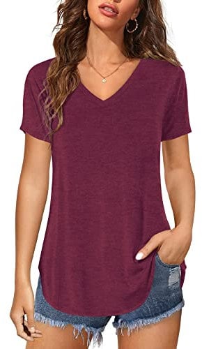 Florboom Women's V Neck Short Sleeve Summer Tops Basic T Shirts, Burgundy 12 14