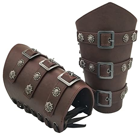 Thajaling Braune Vintage-Armschienen, Mittelalterliche Armschienen aus PU-Leder, Ritter-LARP-Armschützer für Männer und Frauen