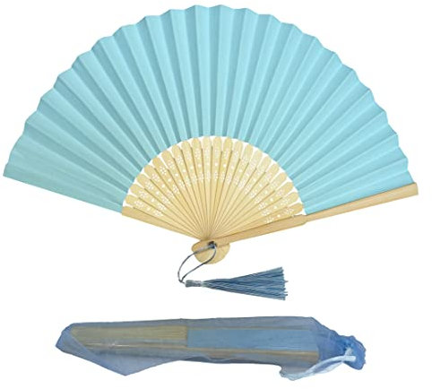 Paper Handheld Folding Fan with a Tassel and Grade A Bamboo Ribs for Women Girls Summer Party Favour Birthday Wedding Gift (Baby Blue)