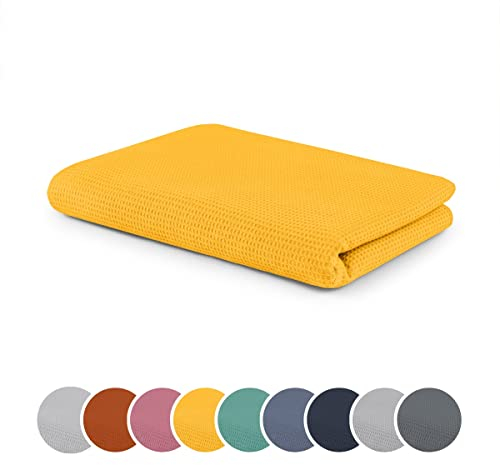 sleepling Kuscheldecke Waffeloptik, Sofadecke, hautsympathisch, temperaturregulierend, 100% Baumwolle, Ökotex Made in Green 100, waschbar, 150 x 200 cm, safrangelb
