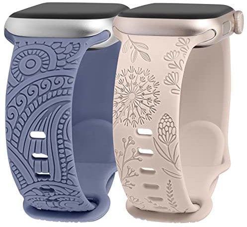 TOYOUTHS Floral Engraved Compatible with Apple Watch Straps 41mm 40mm 38mm 42mm, Soft Silicone Sport Strap Women Girls for iWatch Series 10/9/8/7/SE/6/5/4/3/2/1, Ice Blue/Starlight