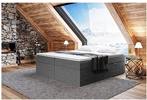 MEBLINI Boxspringbett mit Bettkasten - Gepolstert Doppelbett mit Matratze und Topper - Polsterbett mit Stauraum - Bett ohne Kopfteil - Stauraumbett - Lionel - 140x200 - H3/Dunkelgrau Webstoff