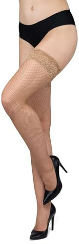 looksy Medias de rejilla italianas de color beige oscuro con Top de encaje, lencería de red de nailon transparente, medias sexis altas hasta el muslo con diamantes de silicona, Visone M/L