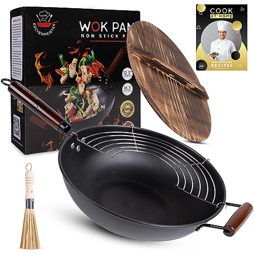 Küchenmeister Wokpfanne aus Karbonstahl mit Deckel, Bürste, Ölsieb – Woks und Bratpfannen mit flachem Boden, antihaftbeschichtet für Induktions-, Elektro-, Gas-, Halogenherde, Muttertagsgeschenke