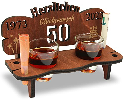 Urhome Schnapsbank mit Jahreszahl 50 Gravur zum Geburtstag, Jubiläum, Jahrestag aus Holz - 2 Schnapsgläser - 50 Jahre Dunkel Braun