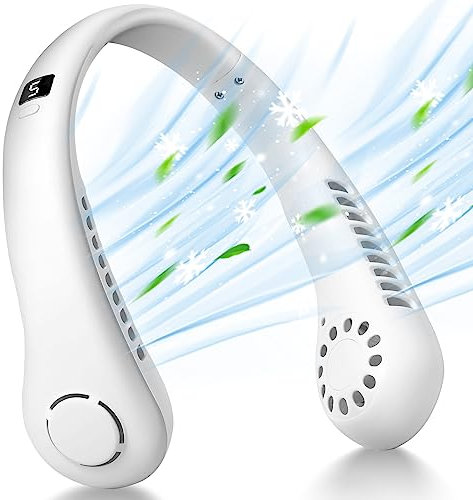 Sharksfin Portable Neck Fan 5 Gear Portable Leafless Digital Display Hanging Neck 2600mAh Large Capacity Rechargeable Fan 360° Cooling Wearable Mini Fan Kids Home Office Travel (White)