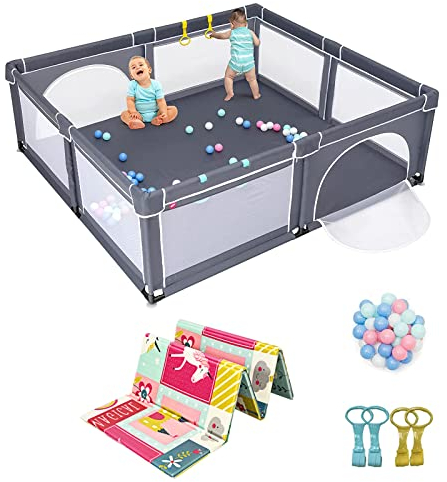 COSTWAY 206 x 186cm Baby Laufstall mit Matratze, Laufgitter mit 50 Spielbällen & atmungsaktivem Netz, Krabbelgitter mit 2 Türen, Laufgitterzelt für Säuglinge & Kinder(Dunkelgrau, Rosa Matratze)