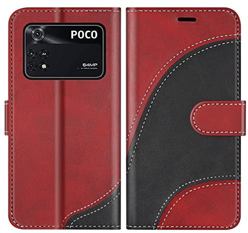 BoxTii Coque pour Xiaomi Poco M4 Pro 4G, Portefeuille Etui en Cuir PU, Magnétique Protection Housse Coque pour Xiaomi Poco M4 Pro 4G, Rouge