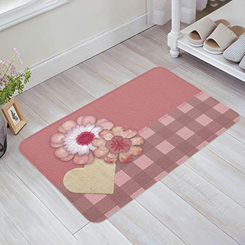 Tapis De Porte 60x40cm, Fleur Amour Damier Rose Tapis De Baignoire Maison Deco Tapis De Sol Antidérapant Durable Tapis Entree, pour Chambre, Cuisine