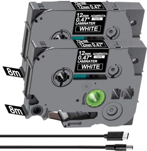 Acmerota 2Pcs TZe-335 Label Tape Replace for Brother TZe-335 12mm x 8m White on Black for P-Touch Label Tape for P-Touch PT-E110 H100R H110 H101C H108 E100 H100LB H105