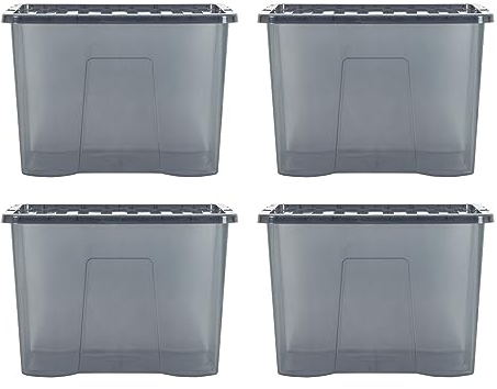 Wham Crystal 4x 80L Plastic Storage Boxes with Lids. Large Size, Strong (Pack of 4, 80 Litre). Made in the UK (Tint Smoke (Black))