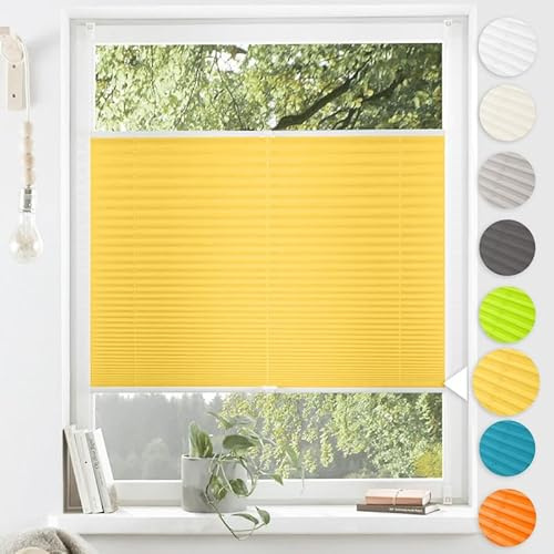 Plissee ohne Bohren Hohe-Qualität Aluminiumstangen,Gelb90 x 120cm,Diagonales System,Plissee Klemmfix Einfache Montage Sichtschutz und Sonnenschutz für Schlafzimmer Badezimmer Wohnzimmer Fenster&Tür