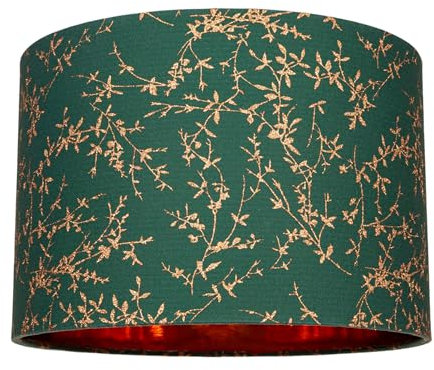 Modern Forest Green Cotton Fabric 12 Lamp Shade with Copper Foil Floral Decoration Suitable for Table or Ceiling Usage | 30cm Diameter | 60w Maximum by Happy Homewares