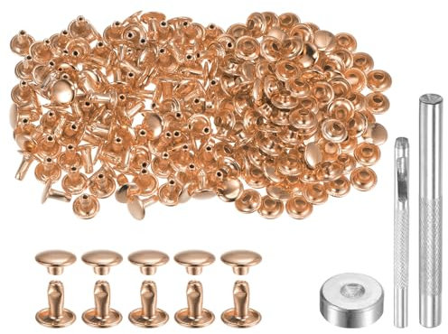 QUARKZMAN 100 Stück 8 x 8mm Leder Nieten, Runde Doppelkappe Tubular Metall Hohlnieten mit Werkzeugen, Zubehör Rücknieten für Lochzange Gürtel Dekoration Kleidung DIY Handwerk (Hellgold)