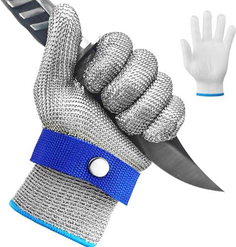 Schnittschutzhandschuhe, Lebensmittelqualität Level 9 Schutz Edelstahl Draht Metall Mesh Arbeitshandschuhe, Kettenhandschuh Schnittfeste Handschuhe+Ininnenhandschuhe for Küche Mandolinenschneiden, XXL