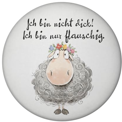 Schaf Magnet rund rund mit Spruch Nicht dick sondern flauschig Bauerntier Charme für den Kühlschrank Garten Farm Cartoon Witz