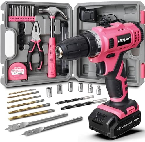 Hi-Spec 30pc Pink Tool Set Box with 12V Cordless Drill & Electric Screwdriver – Ladies DIY Hand Tools Kit for Home, Repairs & Maintenance with Accessories