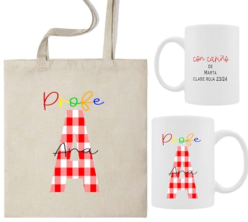 Pack taza profe + bolsa de tela, kit regalo fin de curso para la profe, bolsa de tela con taza, regalo fin de curso profesores, infantil, secundaria (Pack Profe Inicial VICHY Personalizado)
