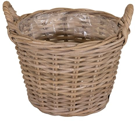 Spetebo Fioriera in vimini naturale con pellicola, 40 cm, in legno con manico, decorazione da giardino in rattan
