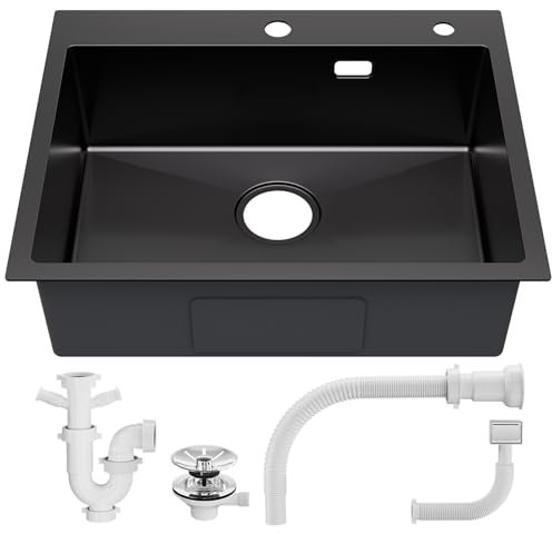 Sofetiy Spüle Schwarz 60×48cm, Küchenspüle Anthrazit, Spülbecken Edelstahl, Moderne Einbauspüle Schwarz, Edelstahlspüle Rechteckig, Waschbecken Küche ab 60er Unterschrank, Edelstahl Spüle